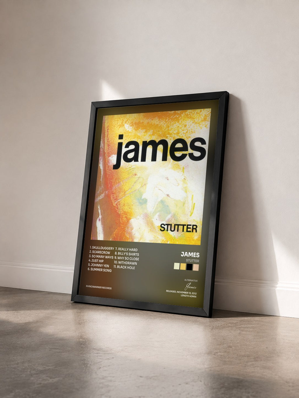 #noir Tableau de l'album Stutter de James vu de trois quarts, cadre noir