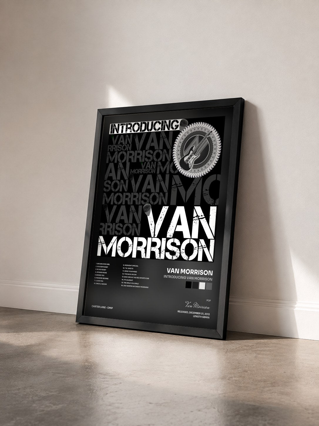 #noir Tableau de l'album Introducing Van Morrison de Van Morrison vu de trois quarts, cadre noir