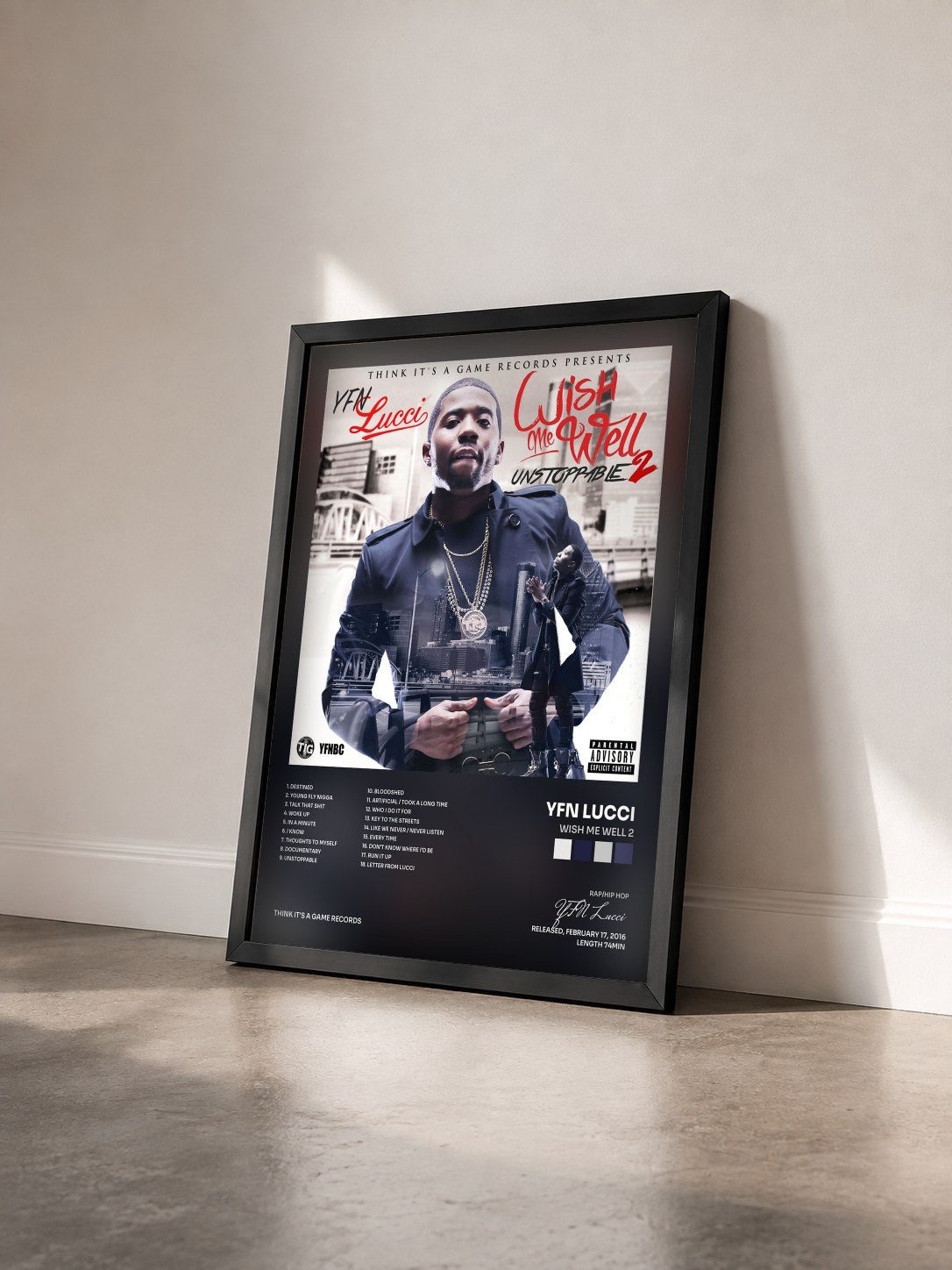 #noir Tableau de l'album Wish Me Well 2 de YFN Lucci vu de trois quarts, cadre noir
