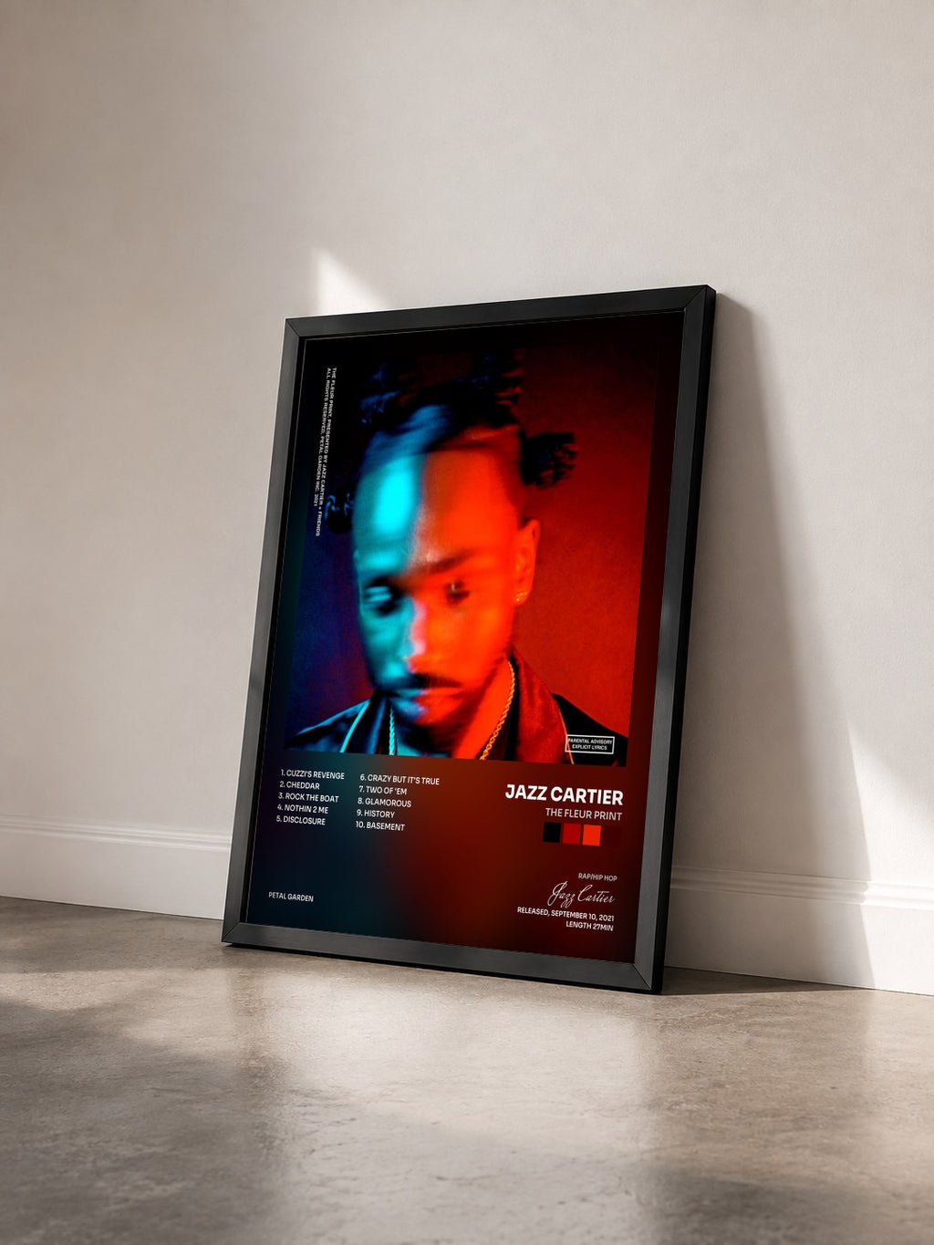 #noir Tableau de l'album The Fleur Print de Jazz Cartier vu de trois quarts, cadre noir
