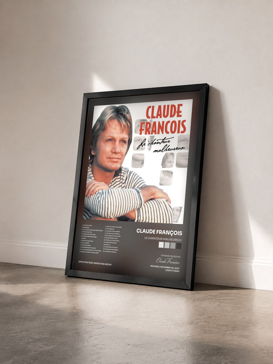 #noir Tableau de l'album Le Chanteur Malheureux de Claude François vu de trois quarts, cadre noir
