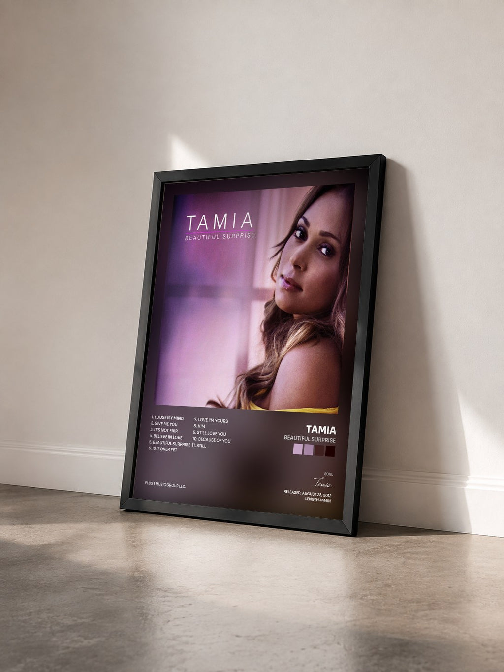 #noir Tableau de l'album Beautiful Surprise de Tamia vu de trois quarts, cadre noir