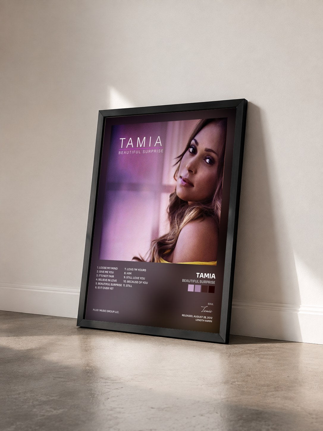 #noir Tableau de l'album Beautiful Surprise de Tamia vu de trois quarts, cadre noir