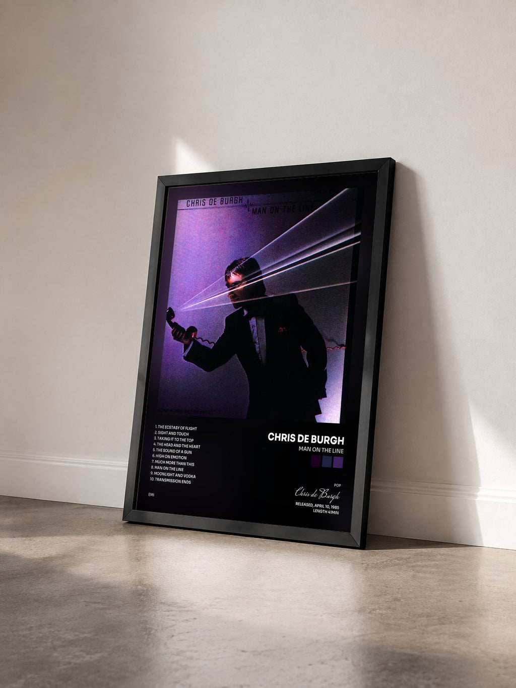 #noir Tableau de l'album Man On The Line de Chris de Burgh vu de trois quarts, cadre noir