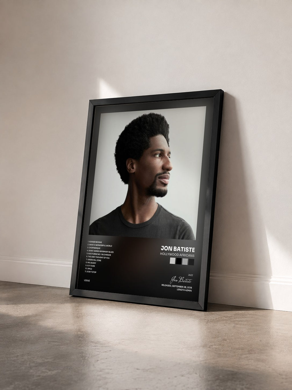 #noir Tableau de l'album Hollywood Africans de Jon Batiste vu de trois quarts, cadre noir