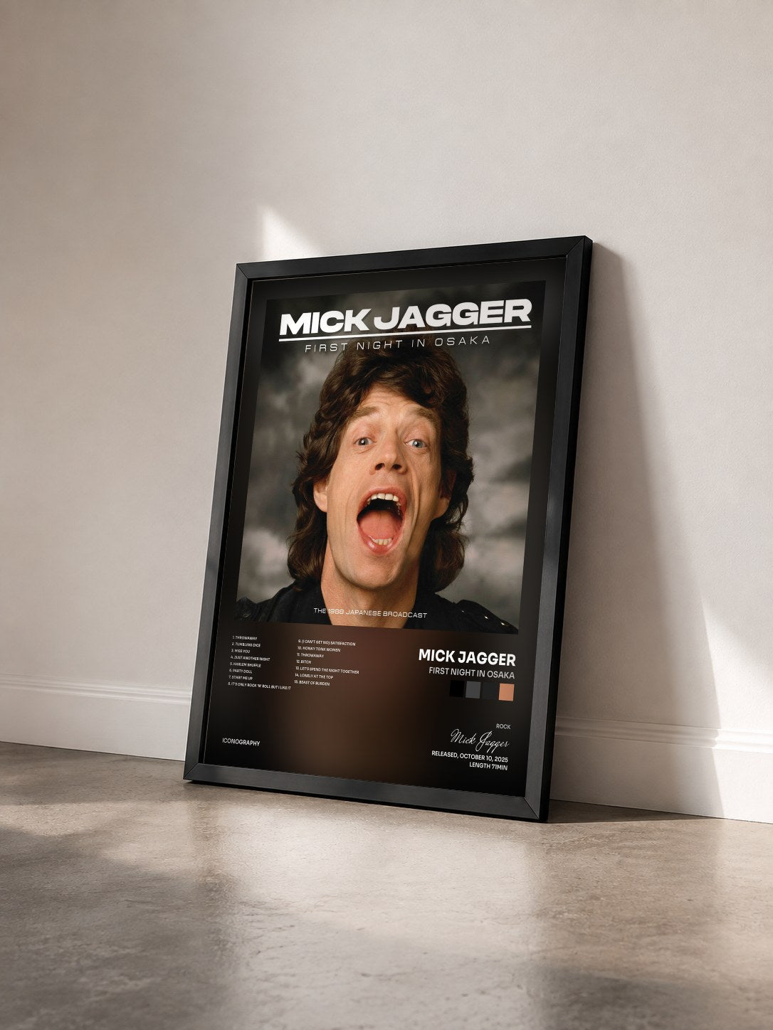 #noir Tableau de l'album First Night In Osaka de Mick Jagger vu de trois quarts, cadre noir