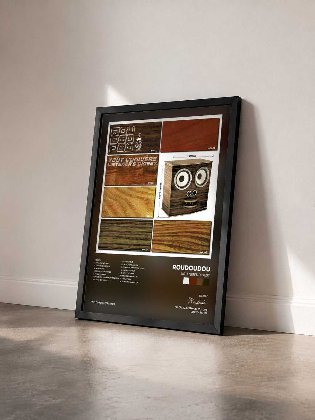 #noir Tableau de l'album Listener's Digest de Roudoudou vu de trois quarts, cadre noir