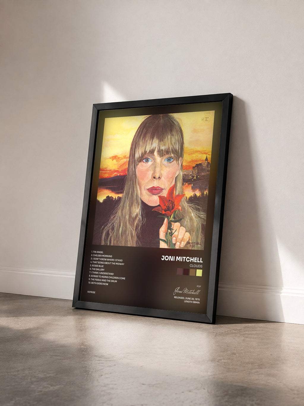 #noir Tableau de l'album Clouds de Joni Mitchell vu de trois quarts, cadre noir