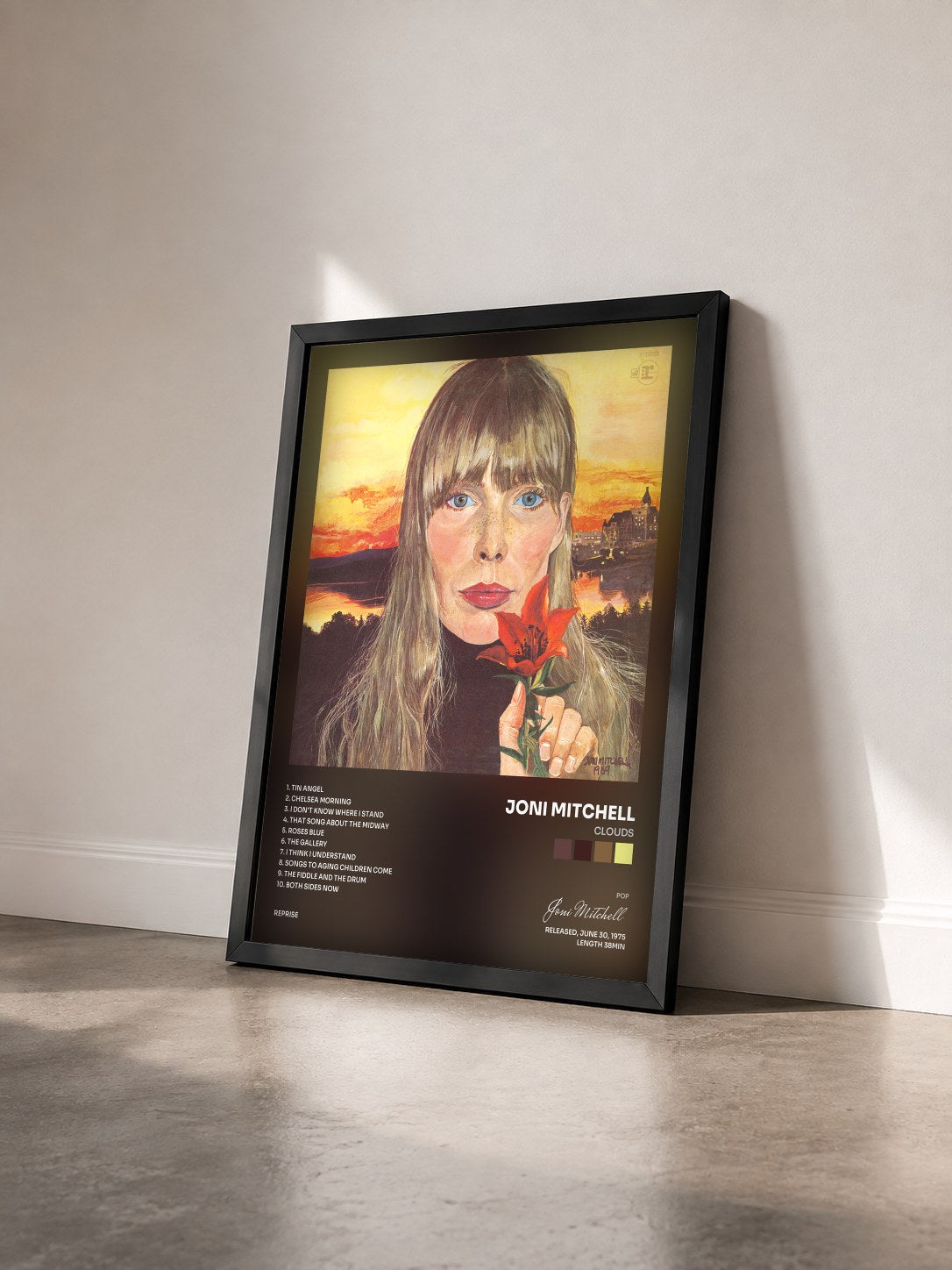 #noir Tableau de l'album Clouds de Joni Mitchell vu de trois quarts, cadre noir