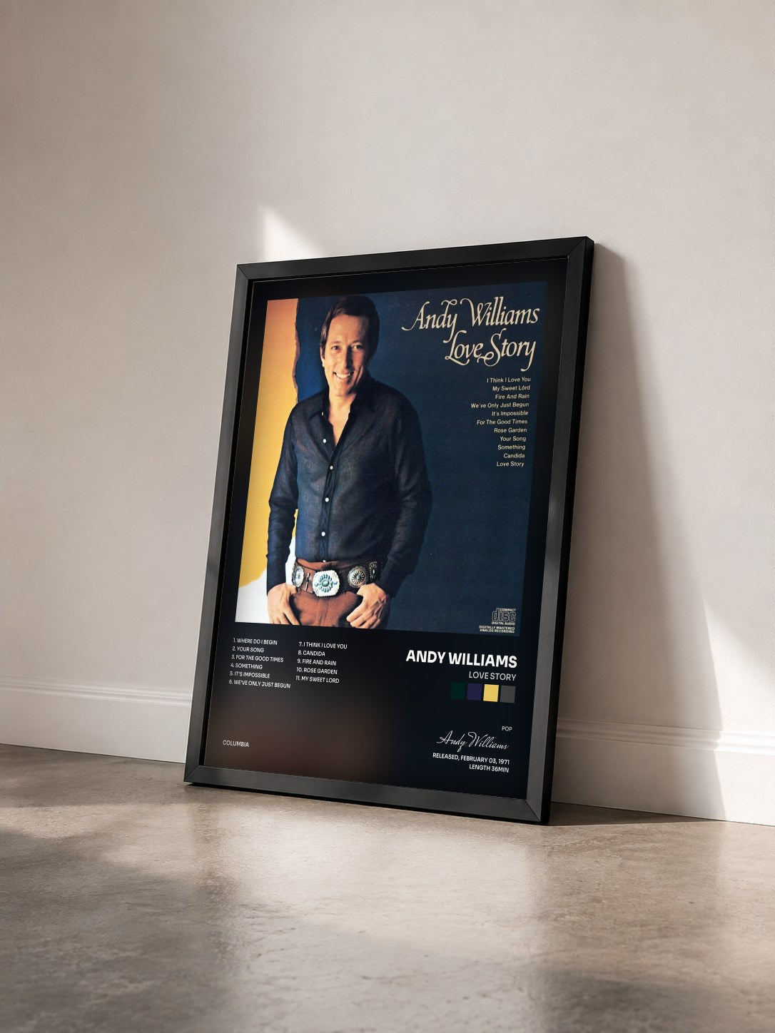 #noir Tableau de l'album Love Story de Andy Williams vu de trois quarts, cadre noir