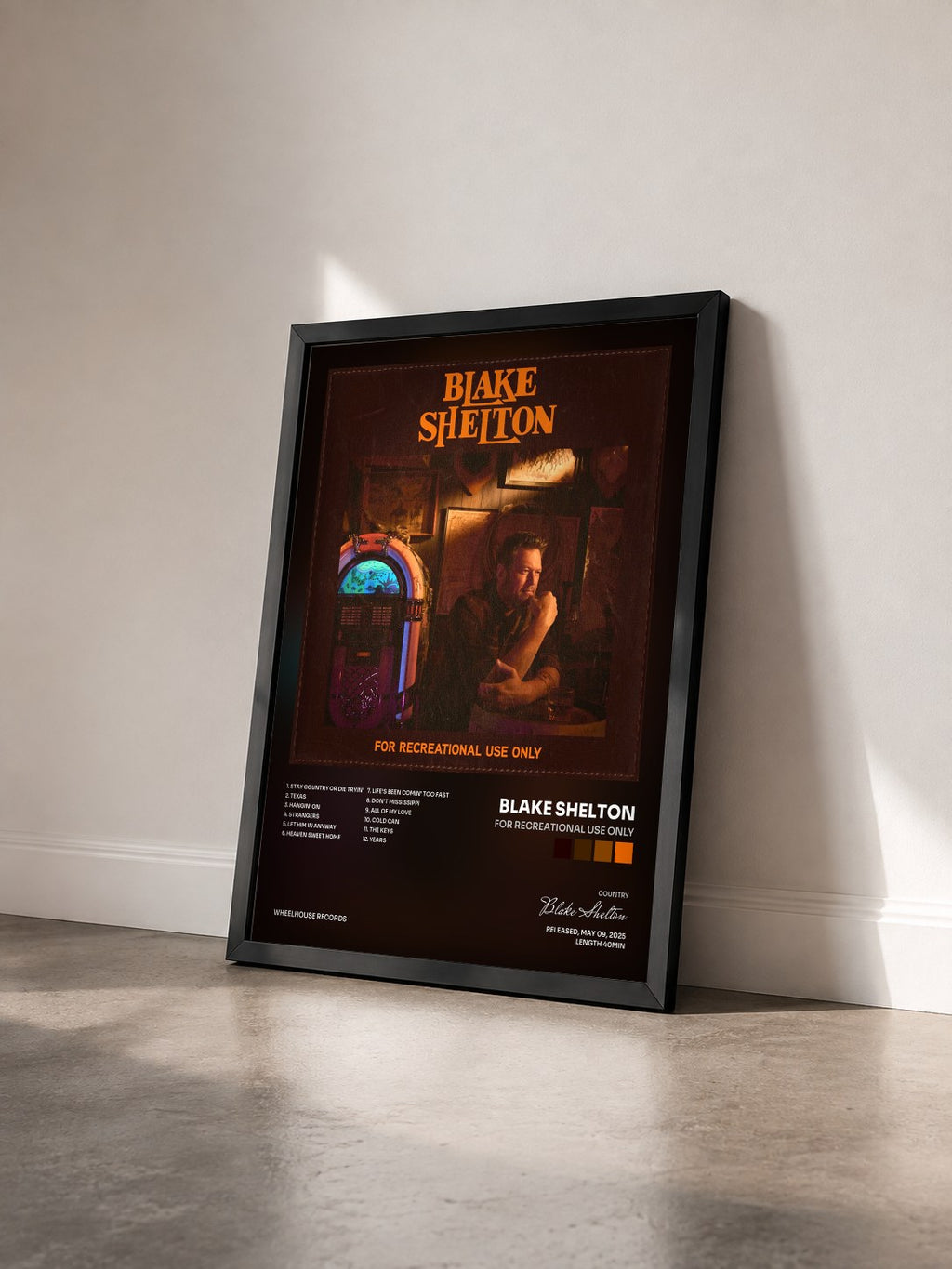 #noir Tableau de l'album For Recreational Use Only de Blake Shelton vu de trois quarts, cadre noir