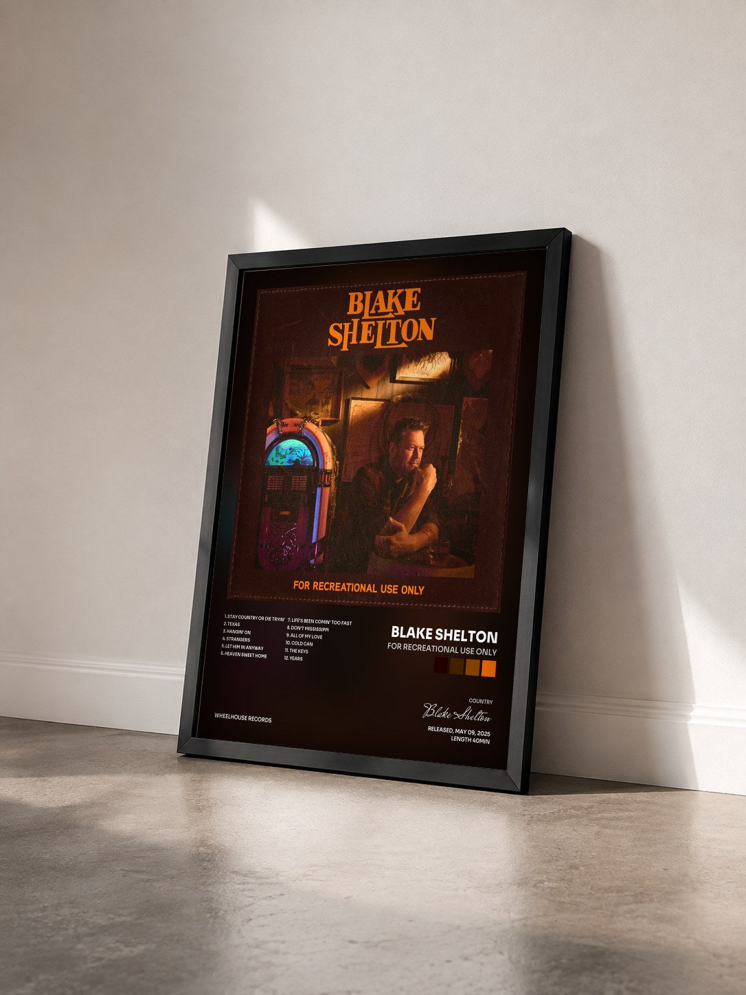 #noir Tableau de l'album For Recreational Use Only de Blake Shelton vu de trois quarts, cadre noir