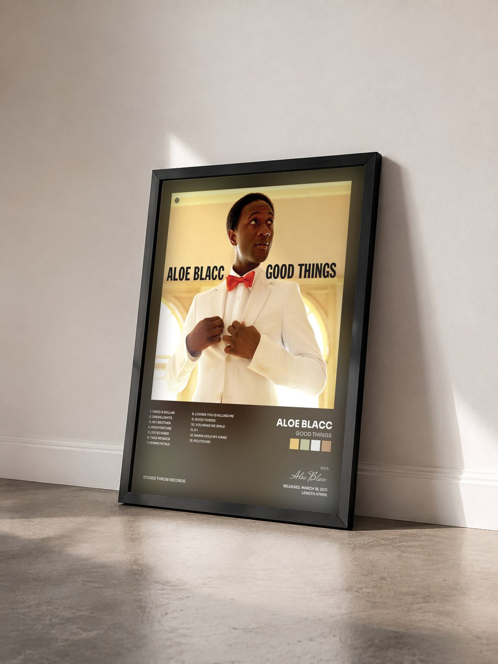 #noir Tableau de l'album Good Things de Aloe Blacc vu de trois quarts, cadre noir