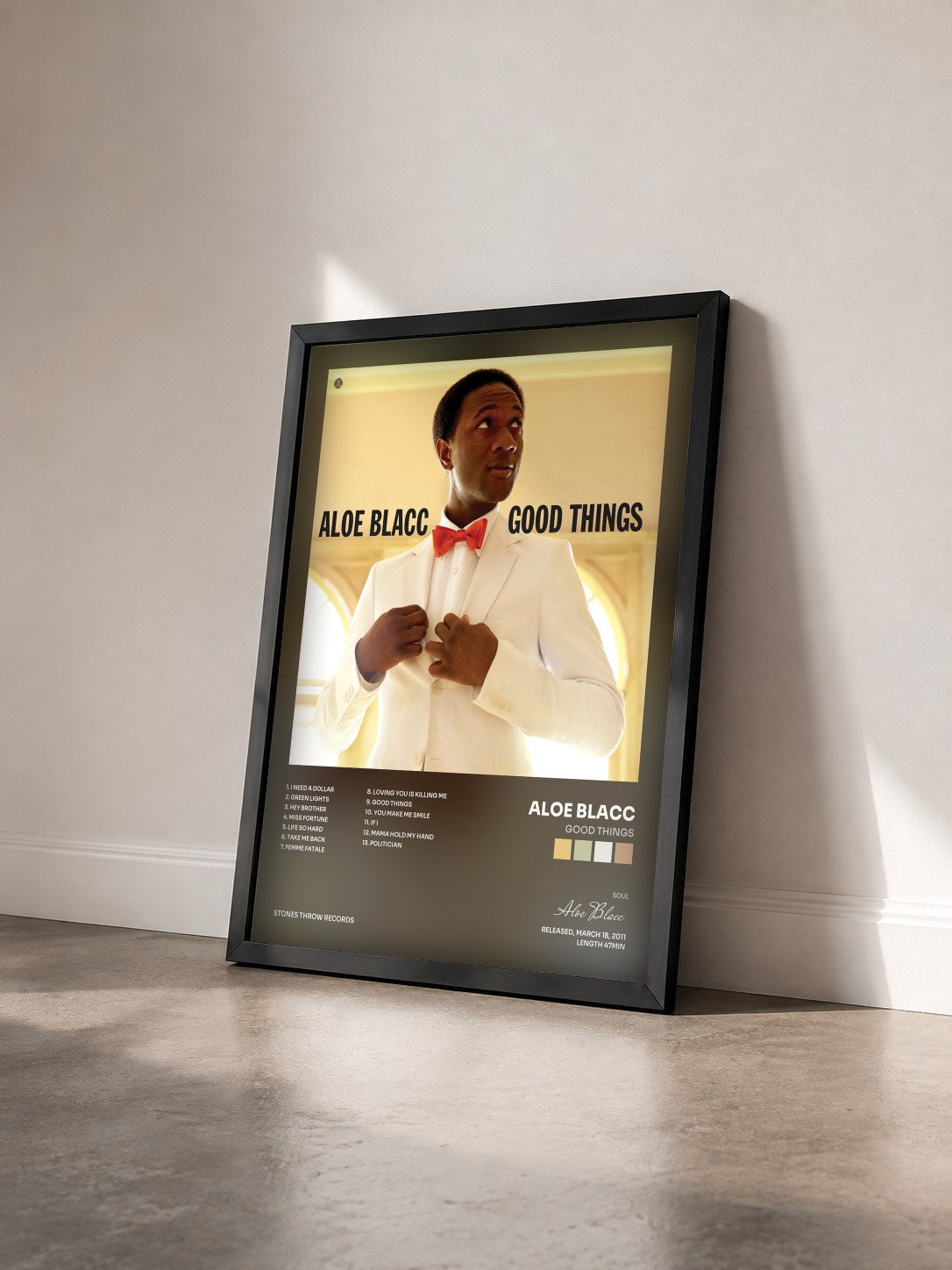 #noir Tableau de l'album Good Things de Aloe Blacc vu de trois quarts, cadre noir