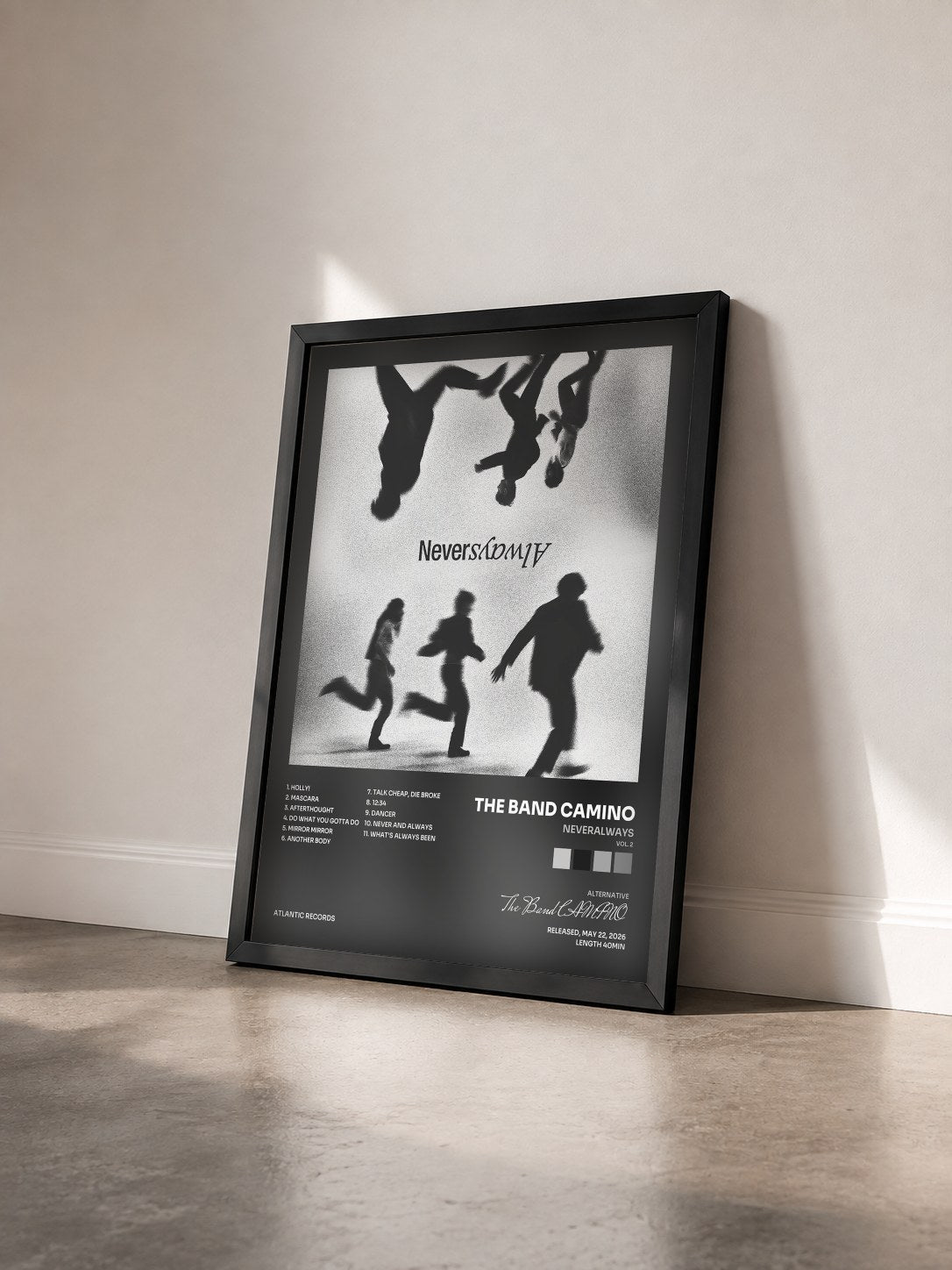 #noir Tableau de l'album NeverAlways (Vol. 2) de The Band CAMINO vu de trois quarts, cadre noir