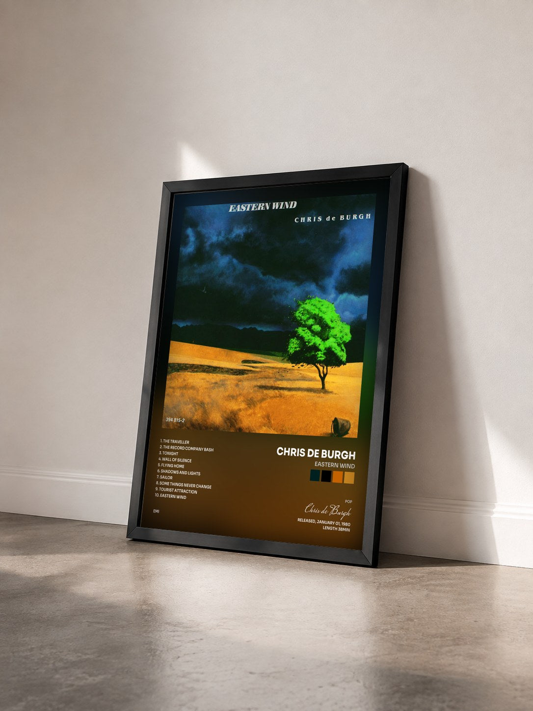 #noir Tableau de l'album Eastern Wind de Chris de Burgh vu de trois quarts, cadre noir