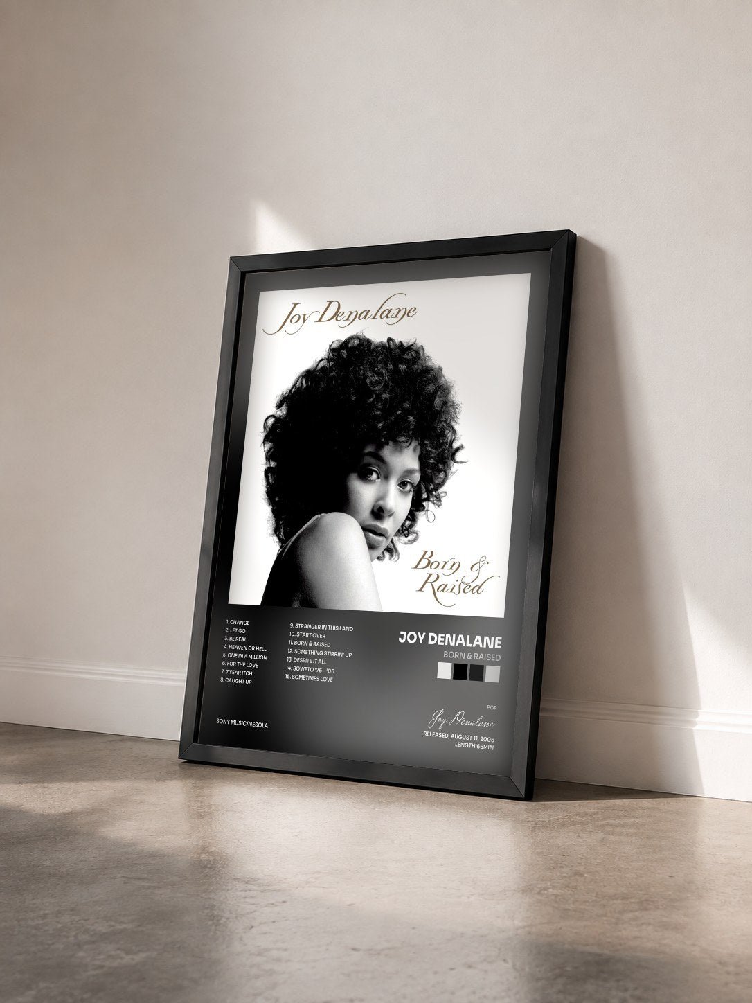 #noir Tableau de l'album Born & Raised de Joy Denalane vu de trois quarts, cadre noir