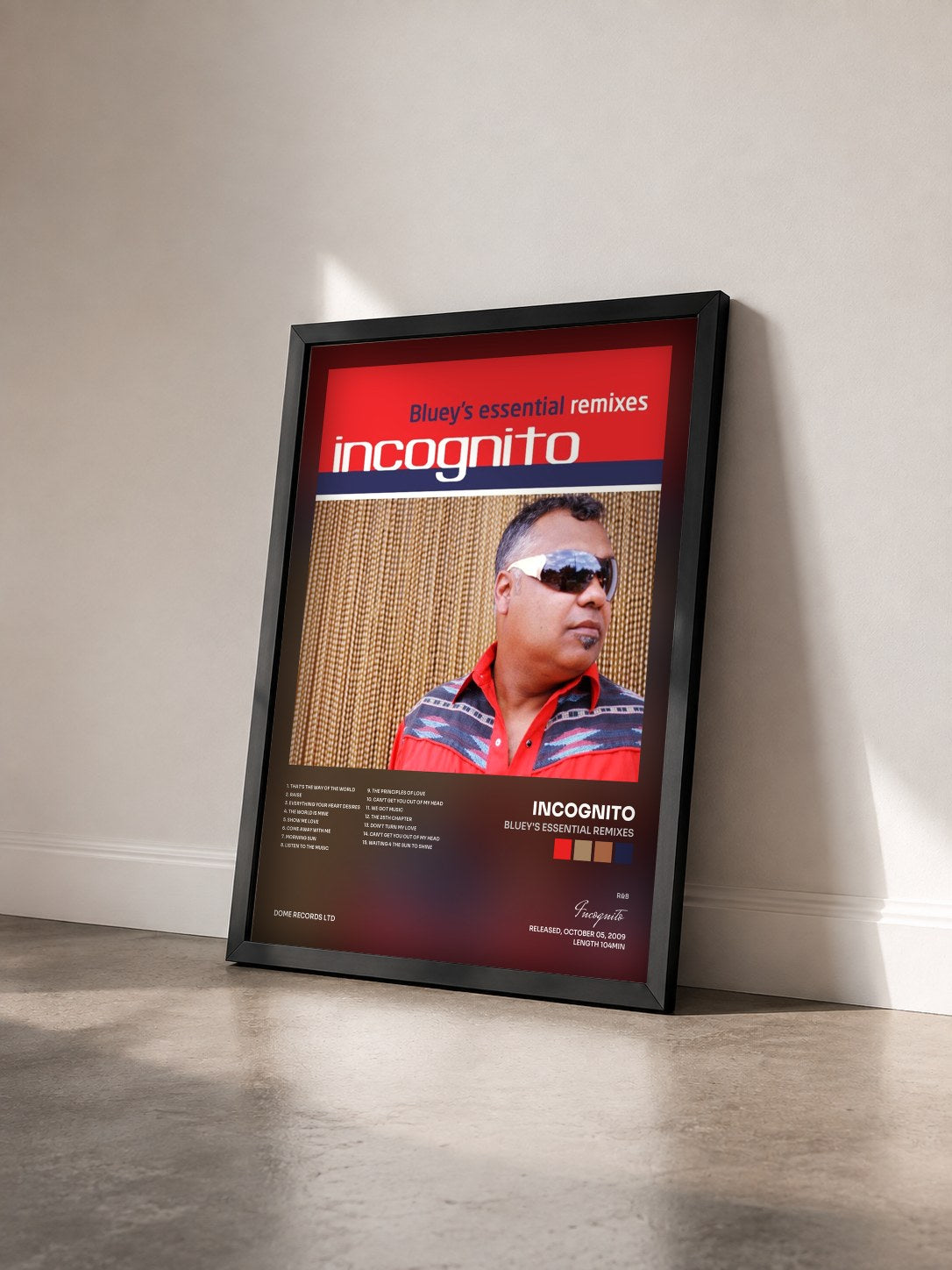 #noir Tableau de l'album Bluey's Essential Remixes de Incognito vu de trois quarts, cadre noir