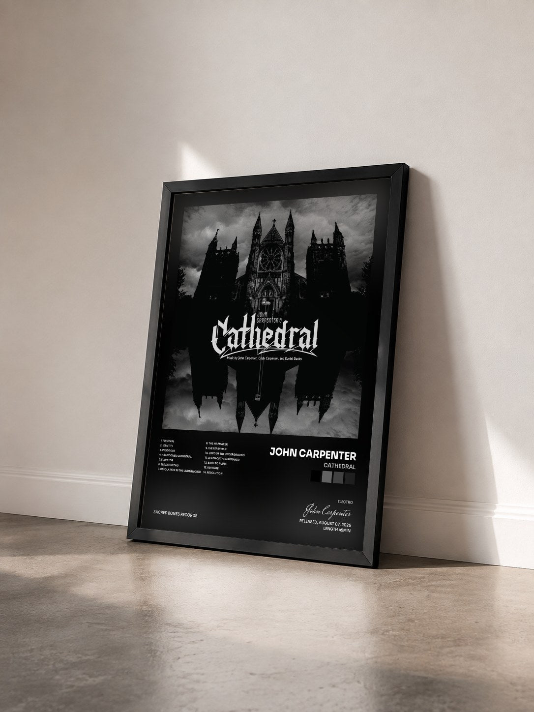 #noir Tableau de l'album Cathedral de John Carpenter vu de trois quarts, cadre noir