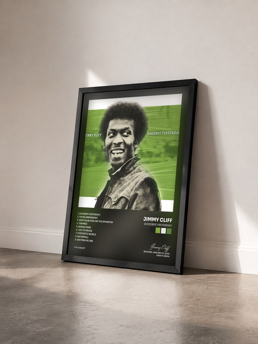 #noir Tableau de l'album Goodbye Yesterday de Jimmy Cliff vu de trois quarts, cadre noir