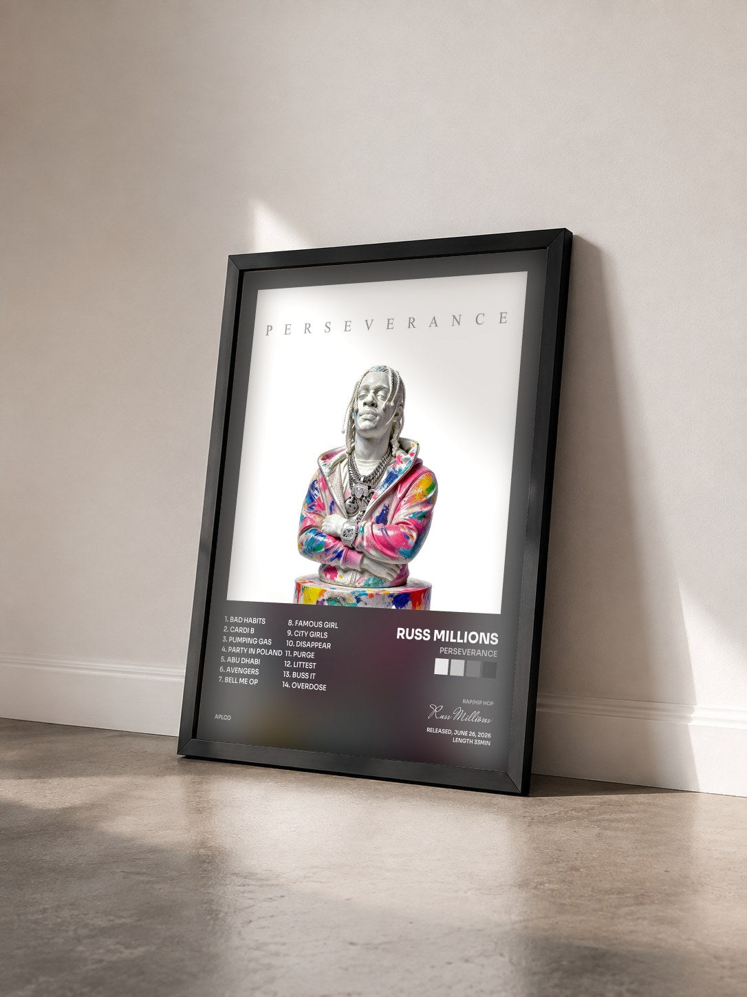 #noir Tableau de l'album Perseverance de Russ Millions vu de trois quarts, cadre noir