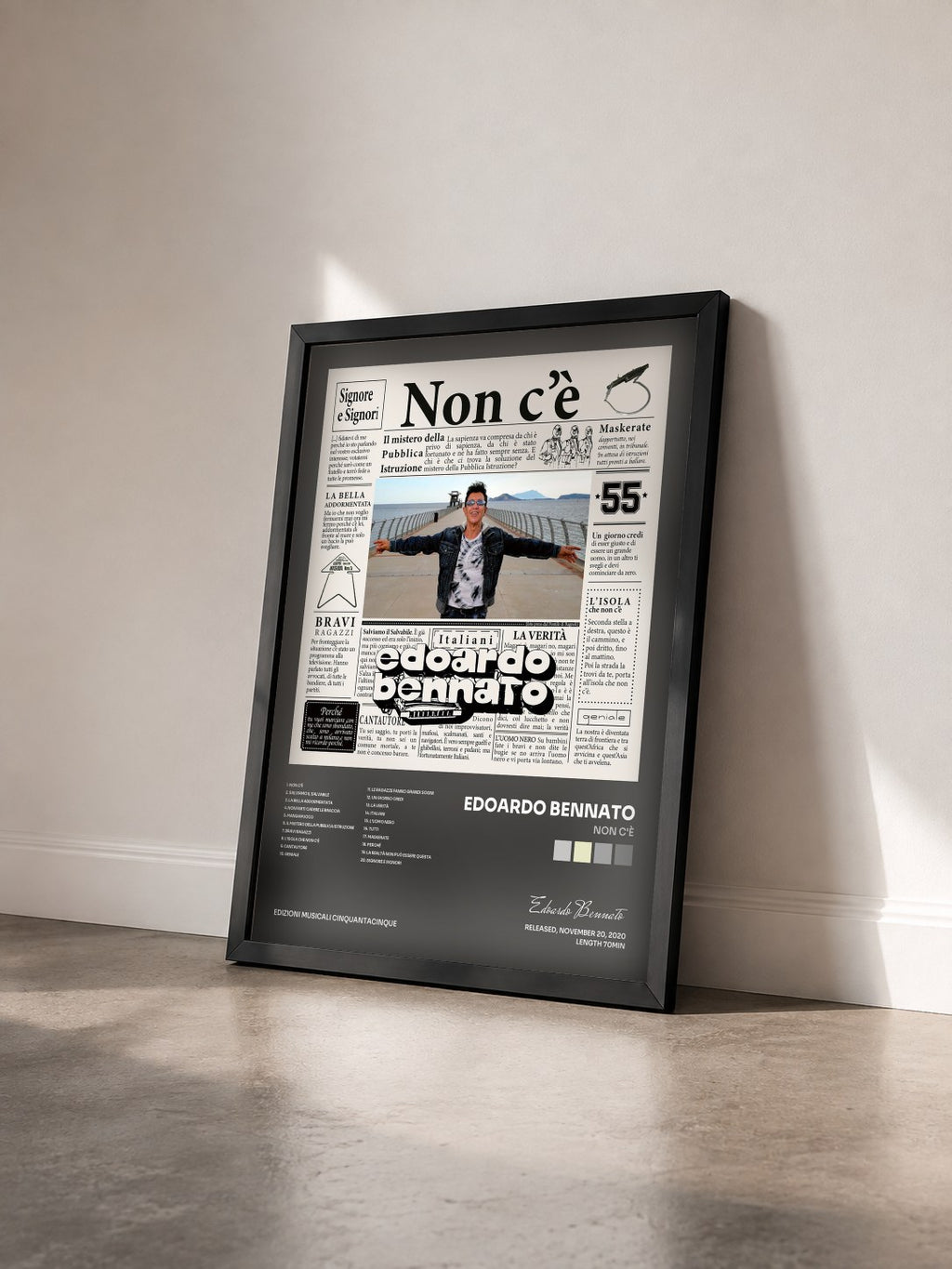 #noir Tableau de l'album Non c'è de Edoardo Bennato vu de trois quarts, cadre noir