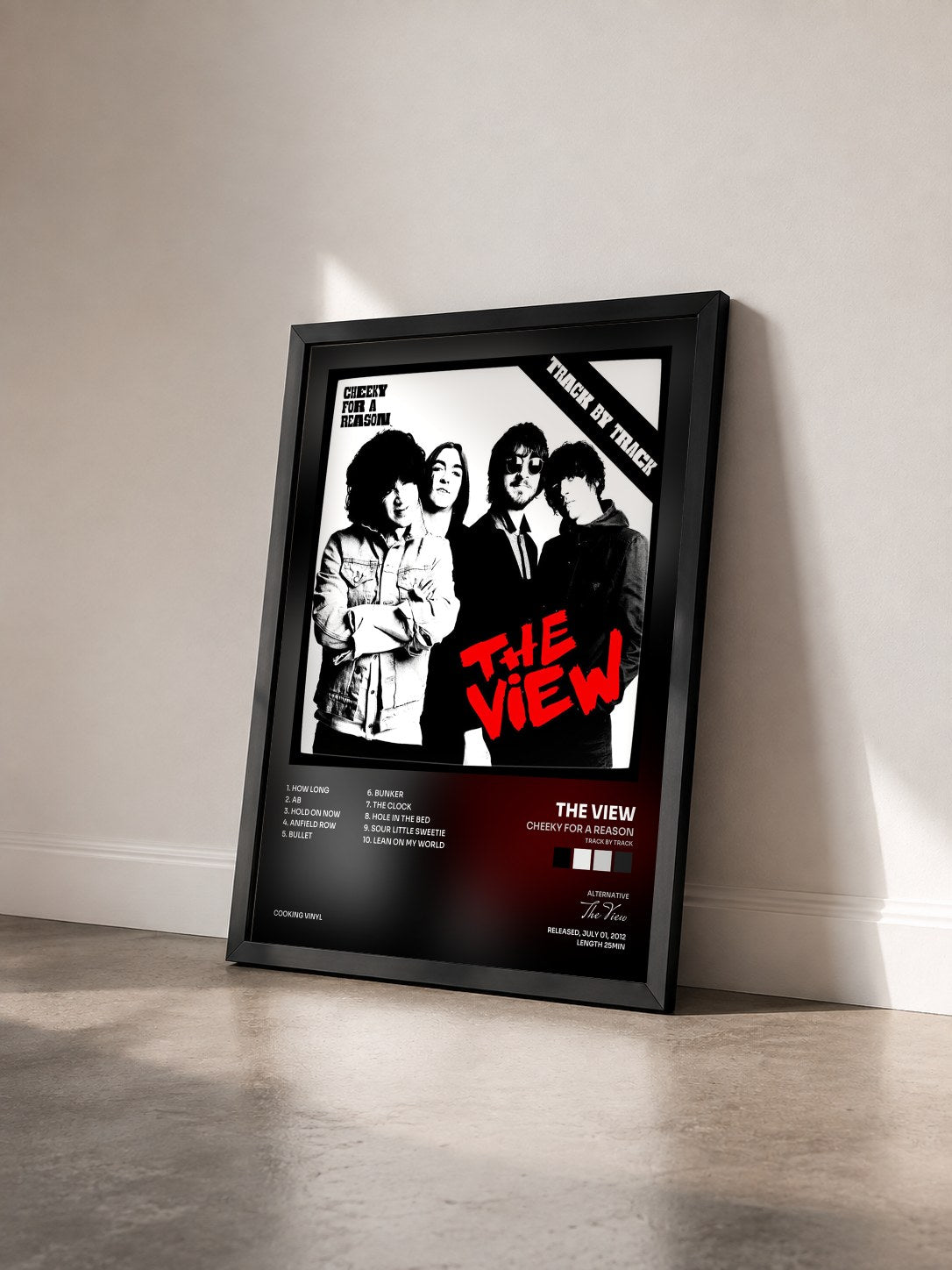 #noir Tableau de l'album Cheeky for a Reason (Track by Track) de The View vu de trois quarts, cadre noir