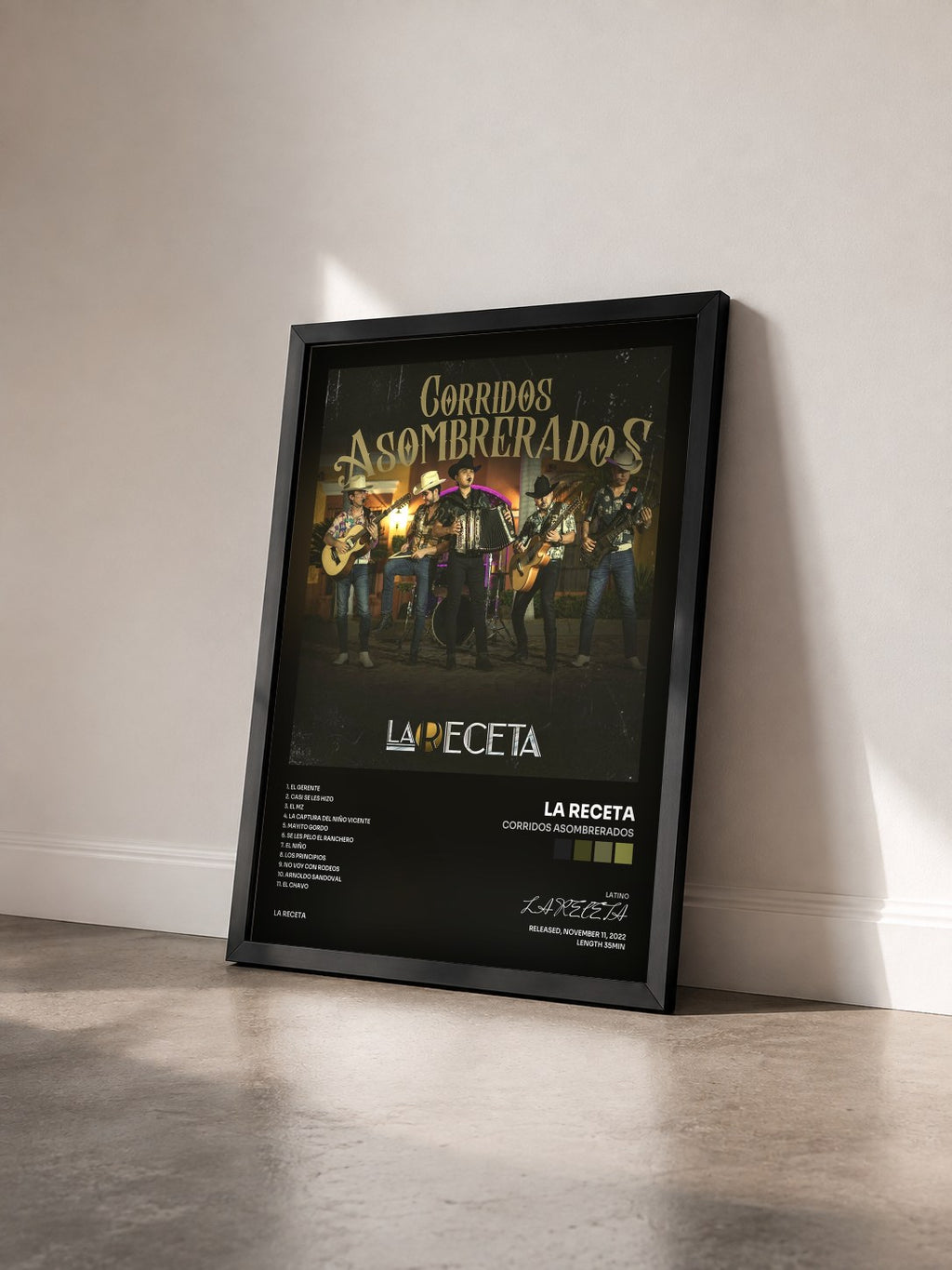 #noir Tableau de l'album Corridos Asombrerados de LA RECETA vu de trois quarts, cadre noir