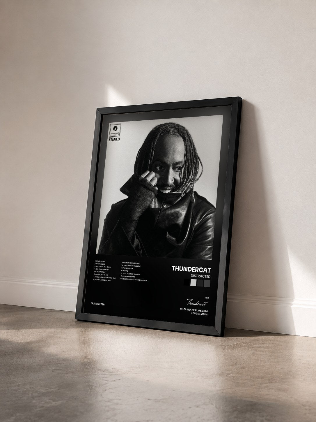#noir Tableau de l'album Distracted de Thundercat vu de trois quarts, cadre noir