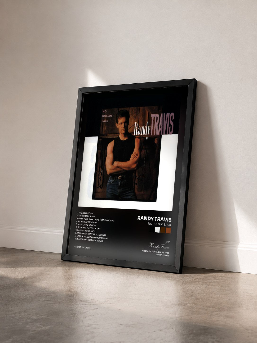 #noir Tableau de l'album No Holdin' Back de Randy Travis vu de trois quarts, cadre noir