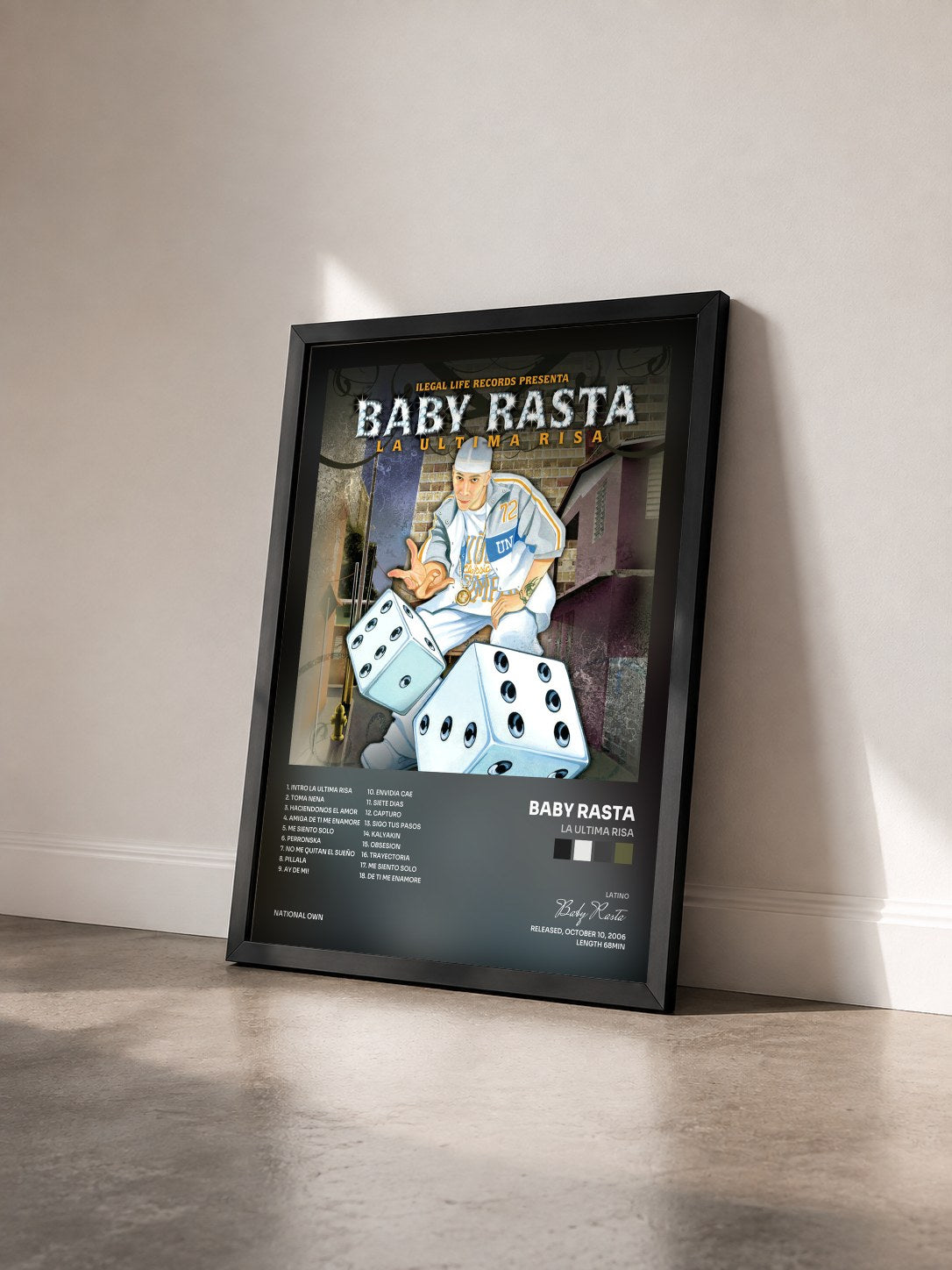 #noir Tableau de l'album La Ultima Risa de Baby Rasta vu de trois quarts, cadre noir