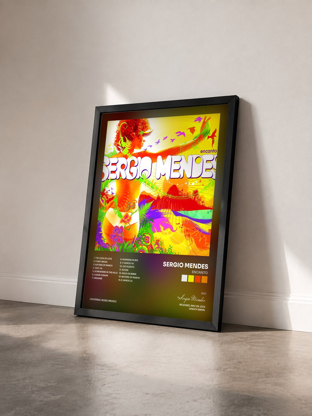 #noir Tableau de l'album Encanto de Sergio Mendes vu de trois quarts, cadre noir
