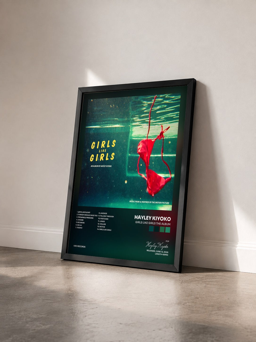 #noir girls like girls the album by Hayley Kiyoko as a framed art print seen at an angle, black frame