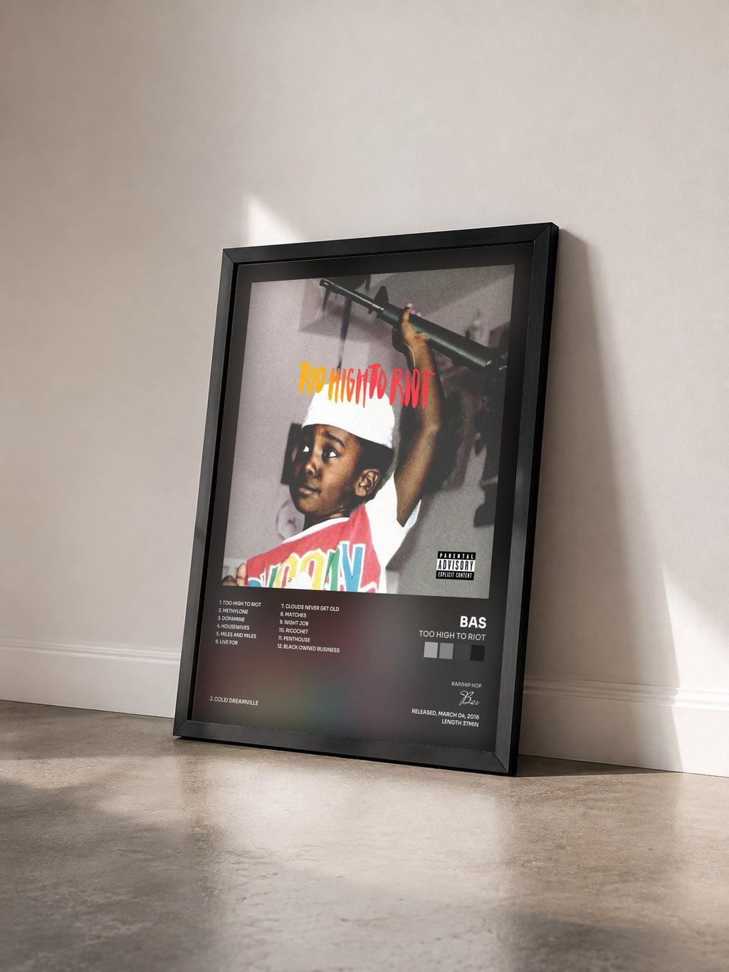 #noir Tableau de l'album Too High To Riot de Bas vu de trois quarts, cadre noir