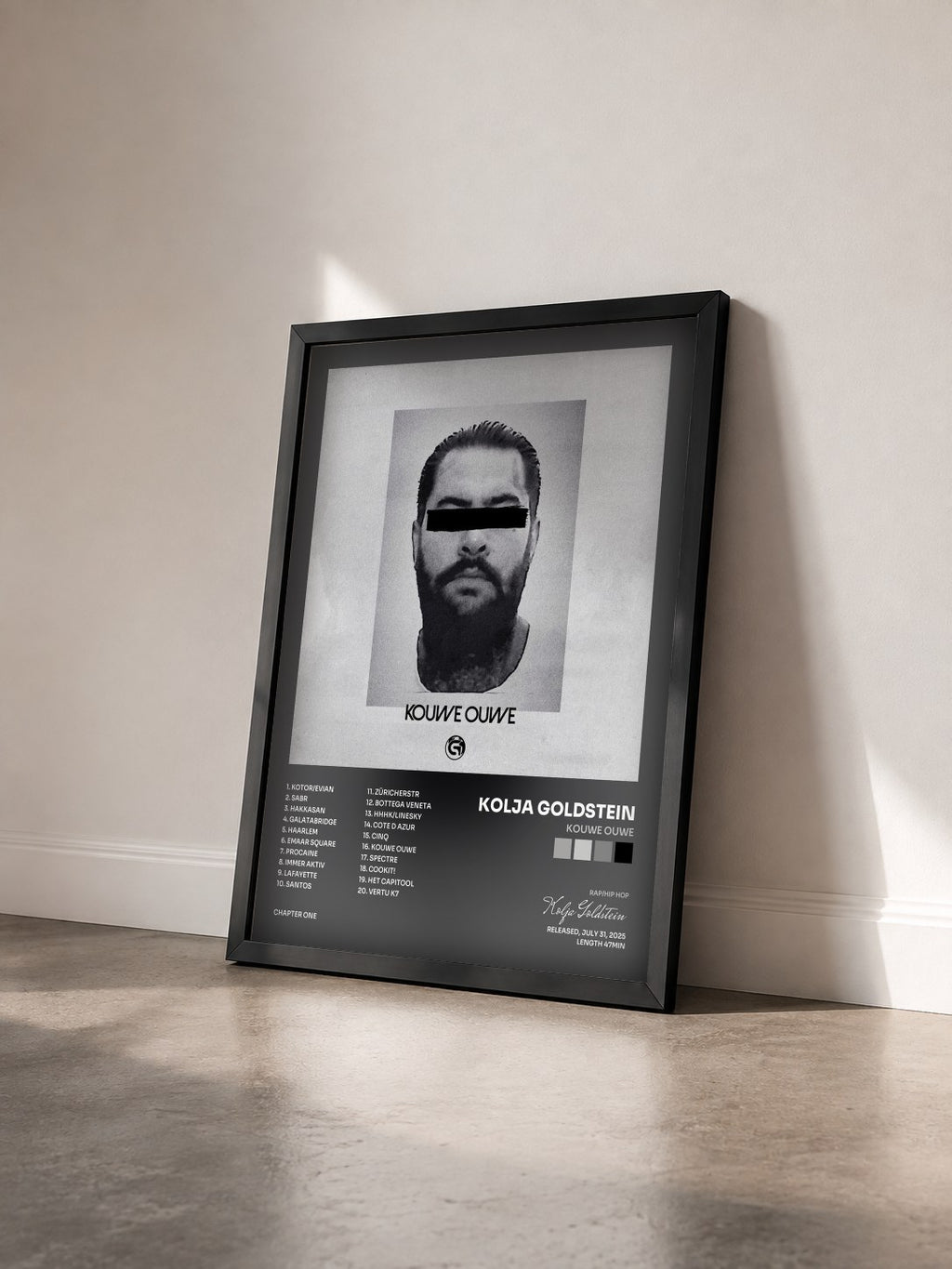 #noir Tableau de l'album KOUWE OUWE de Kolja Goldstein vu de trois quarts, cadre noir