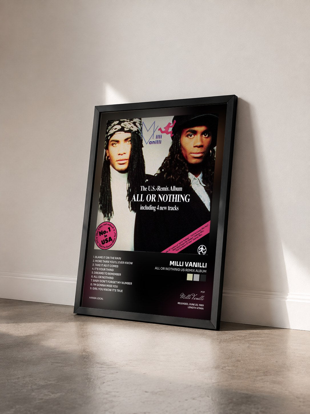 #noir Tableau de l'album All Or Nothing US Remix Album de Milli Vanilli vu de trois quarts, cadre noir