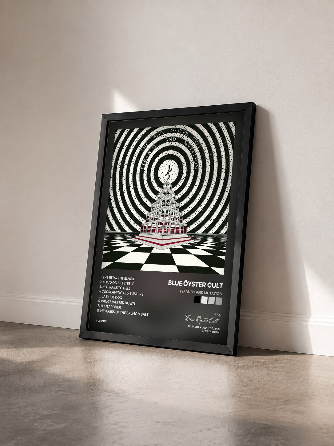 #noir Tableau de l'album Tyranny And Mutation de Blue Öyster Cult vu de trois quarts, cadre noir