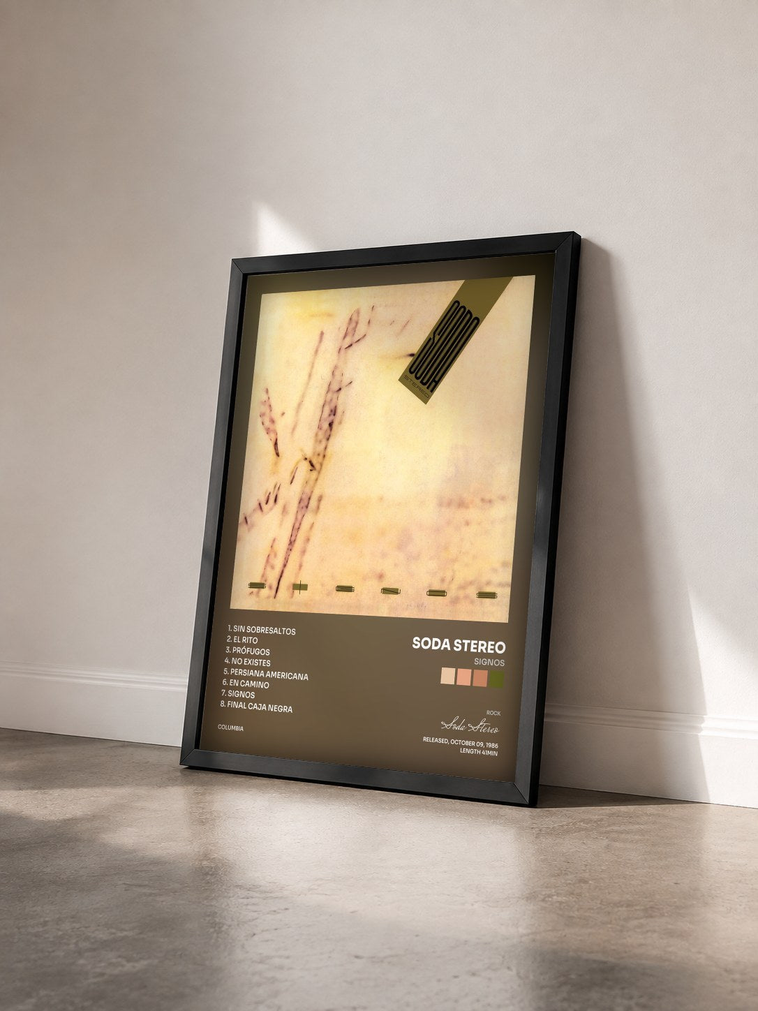 #noir Tableau de l'album Signos de Soda Stereo vu de trois quarts, cadre noir