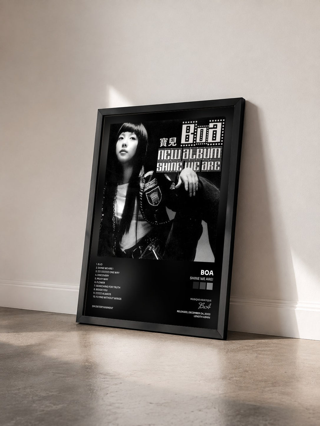 #noir Tableau de l'album Shine We Are! de BoA vu de trois quarts, cadre noir