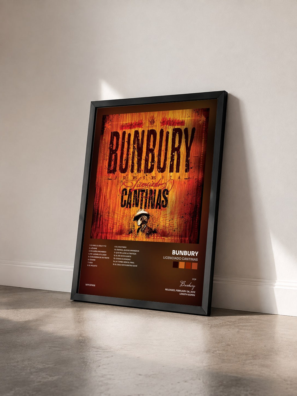 #noir Tableau de l'album Licenciado cantinas de Bunbury vu de trois quarts, cadre noir