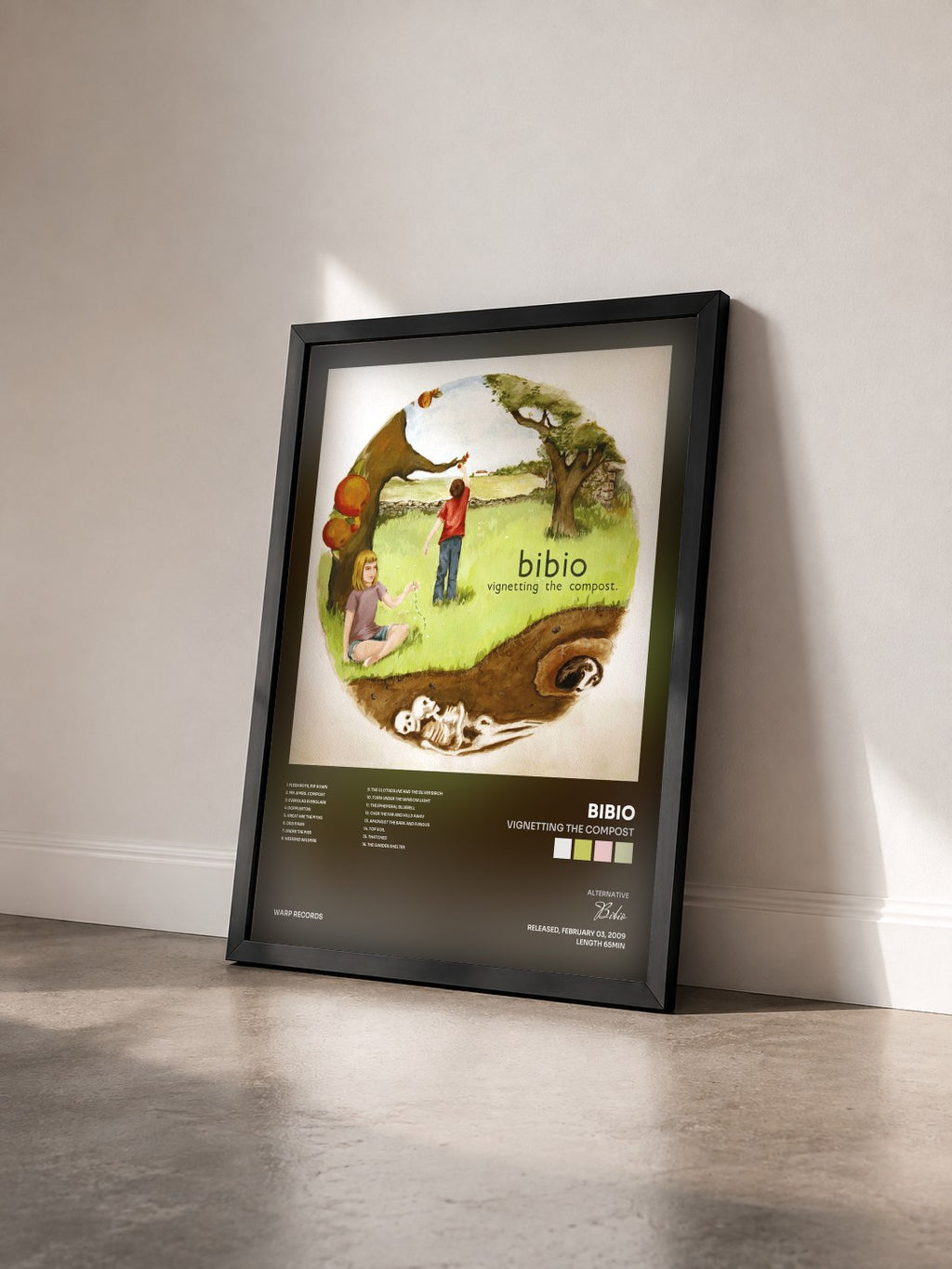 #noir Tableau de l'album Vignetting The Compost de Bibio vu de trois quarts, cadre noir