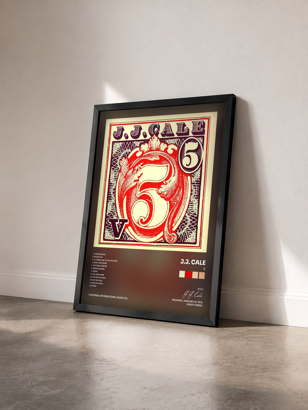 #noir Tableau de l'album 5 de J.J. Cale vu de trois quarts, cadre noir