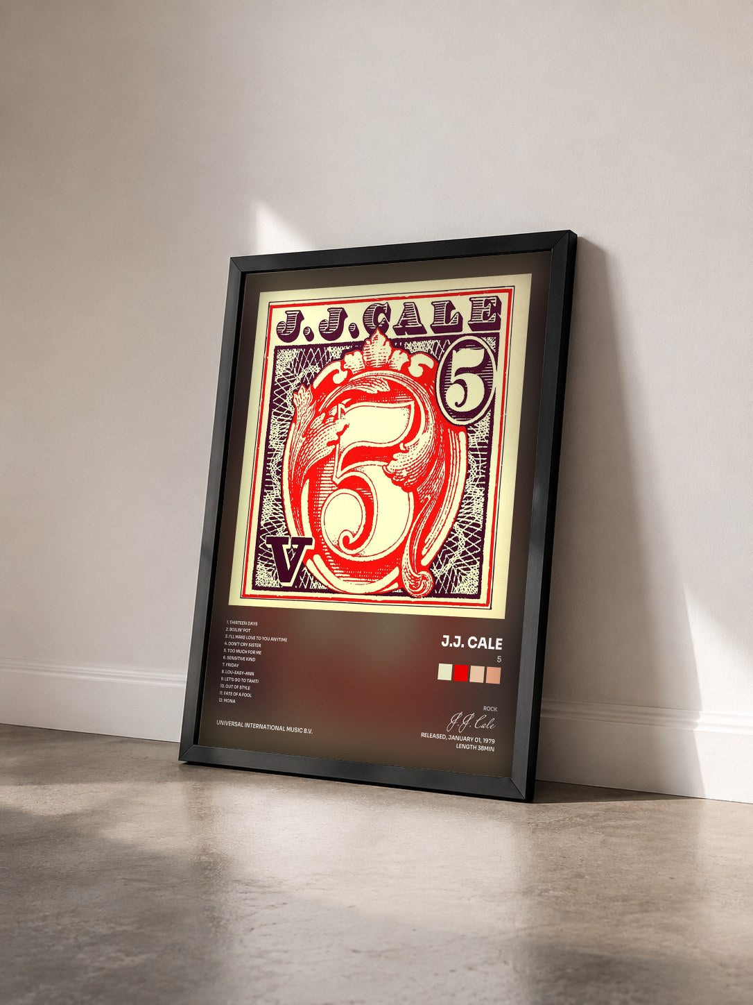 #noir Tableau de l'album 5 de J.J. Cale vu de trois quarts, cadre noir