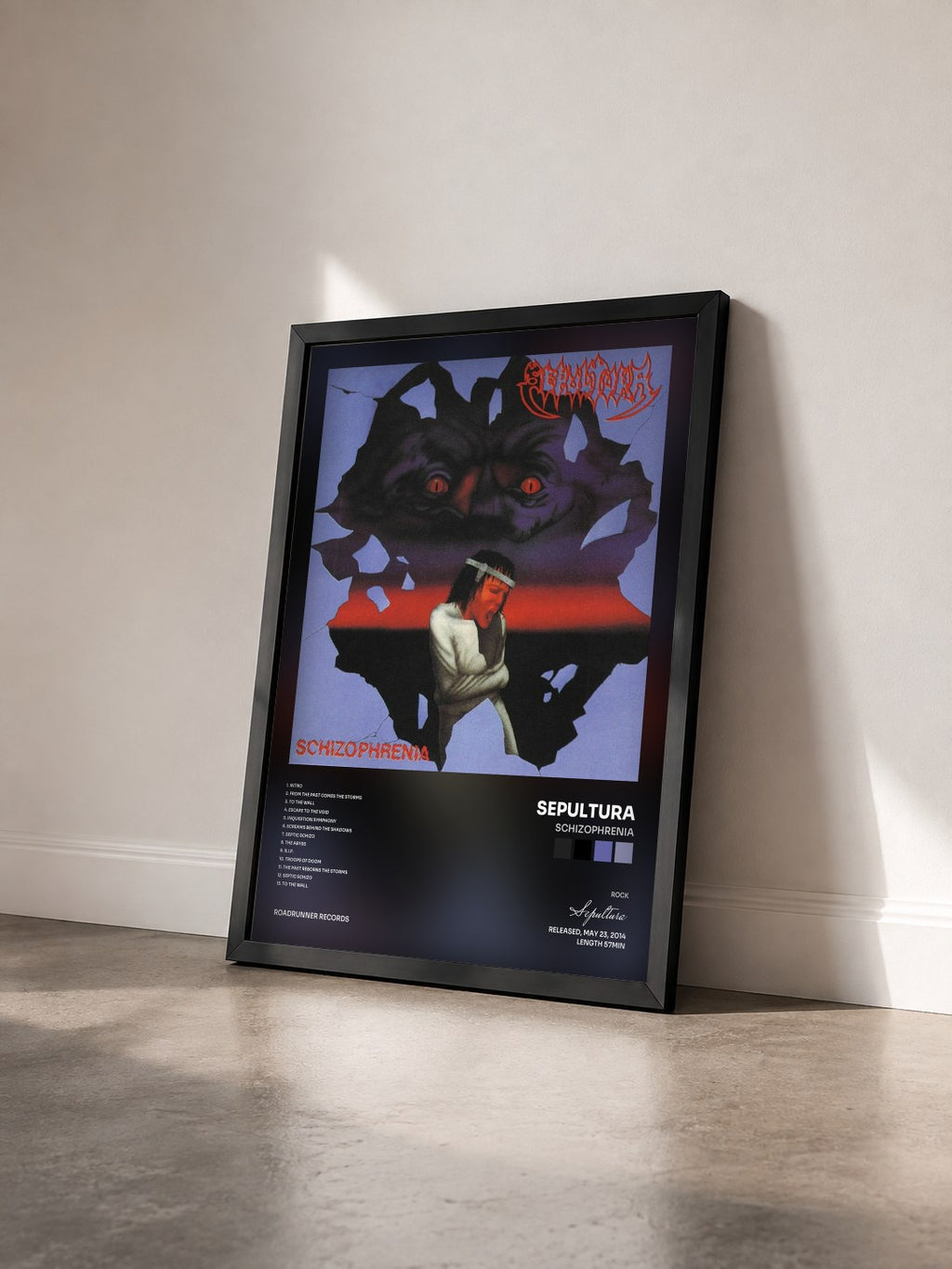 #noir Tableau de l'album Schizophrenia de Sepultura vu de trois quarts, cadre noir