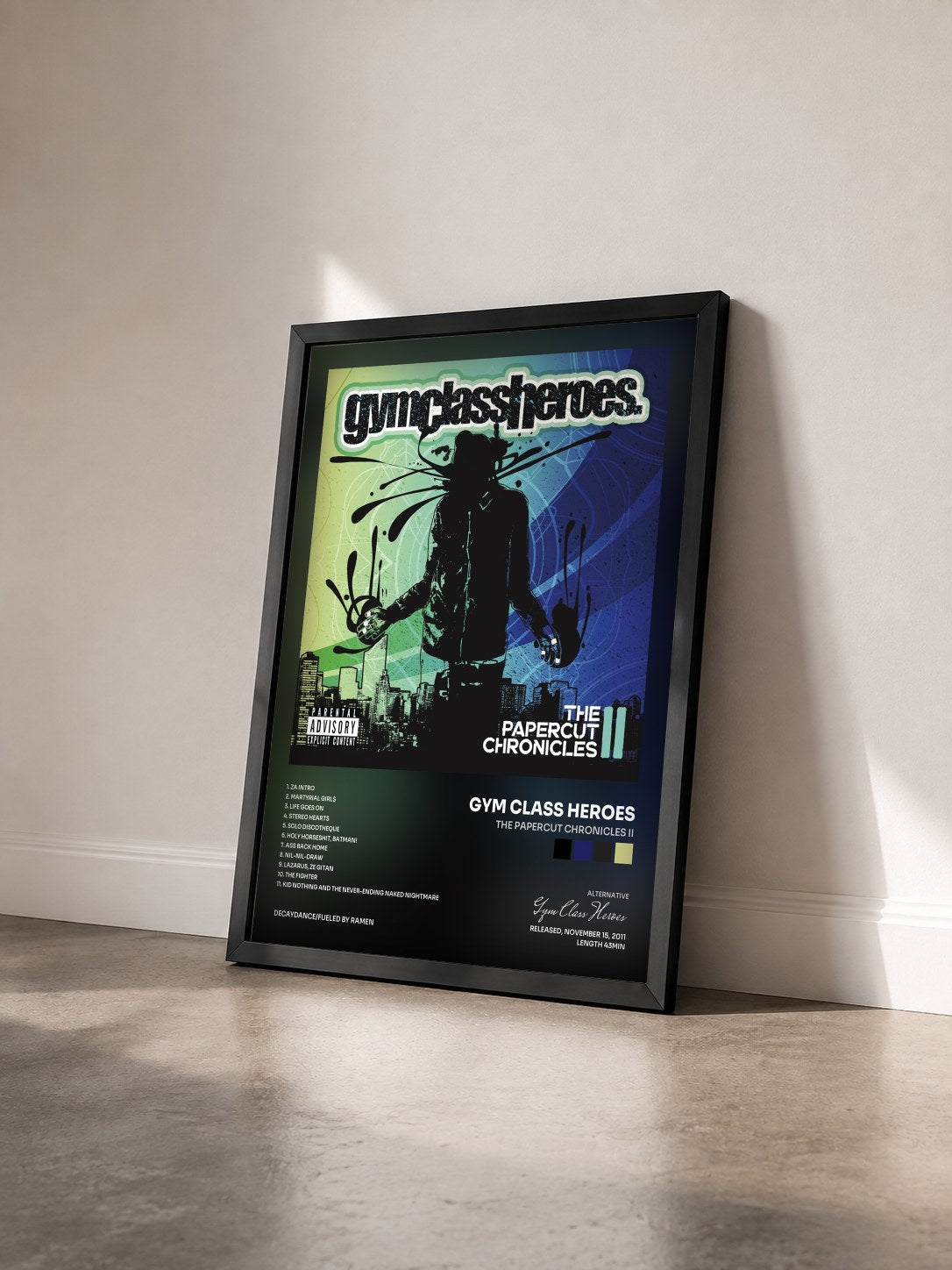 #noir Tableau de l'album The Papercut Chronicles II de Gym Class Heroes vu de trois quarts, cadre noir