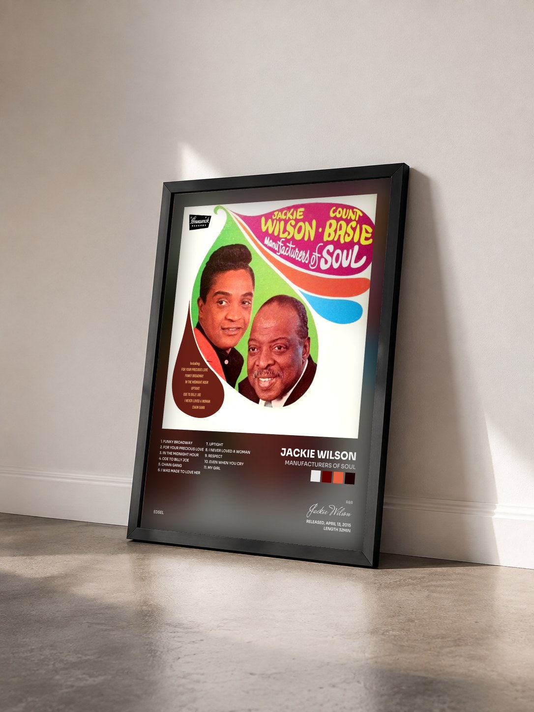#noir Tableau de l'album Manufacturers of Soul de Jackie Wilson vu de trois quarts, cadre noir