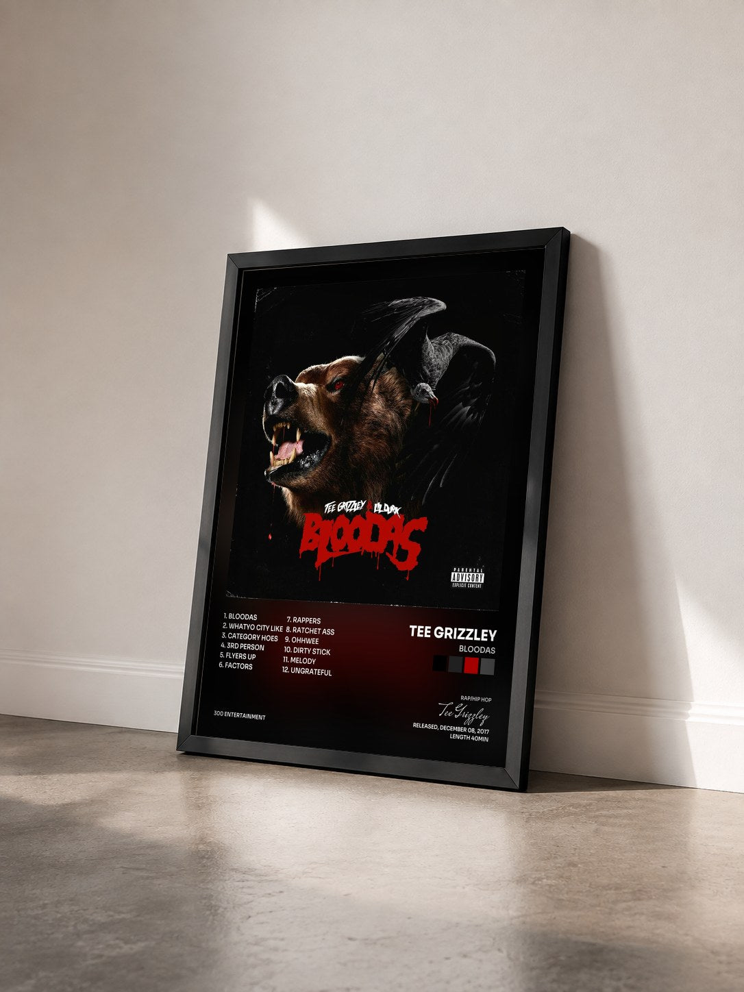 #noir Tableau de l'album Bloodas de Tee Grizzley vu de trois quarts, cadre noir