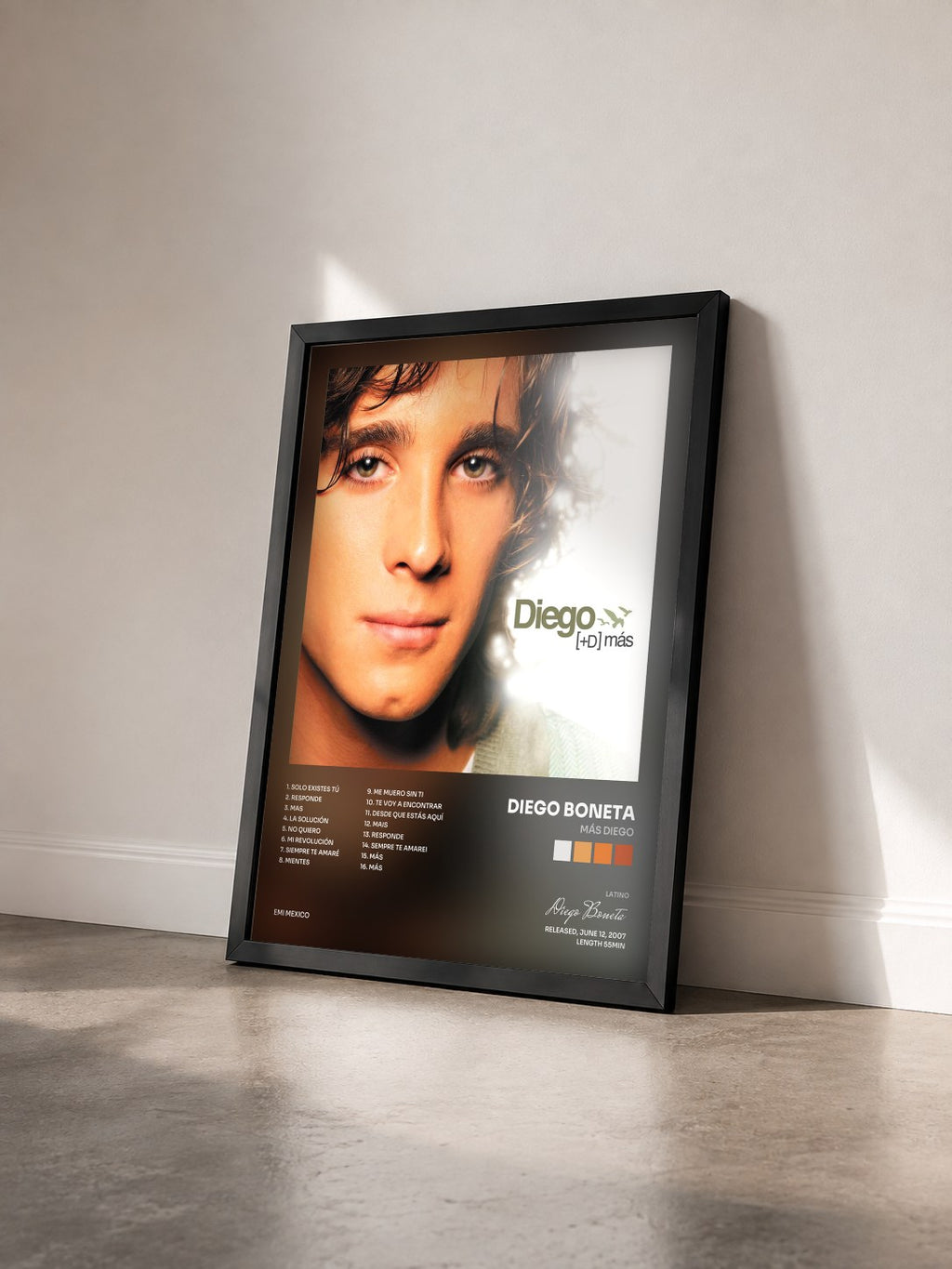#noir Tableau de l'album Más Diego de Diego Boneta vu de trois quarts, cadre noir