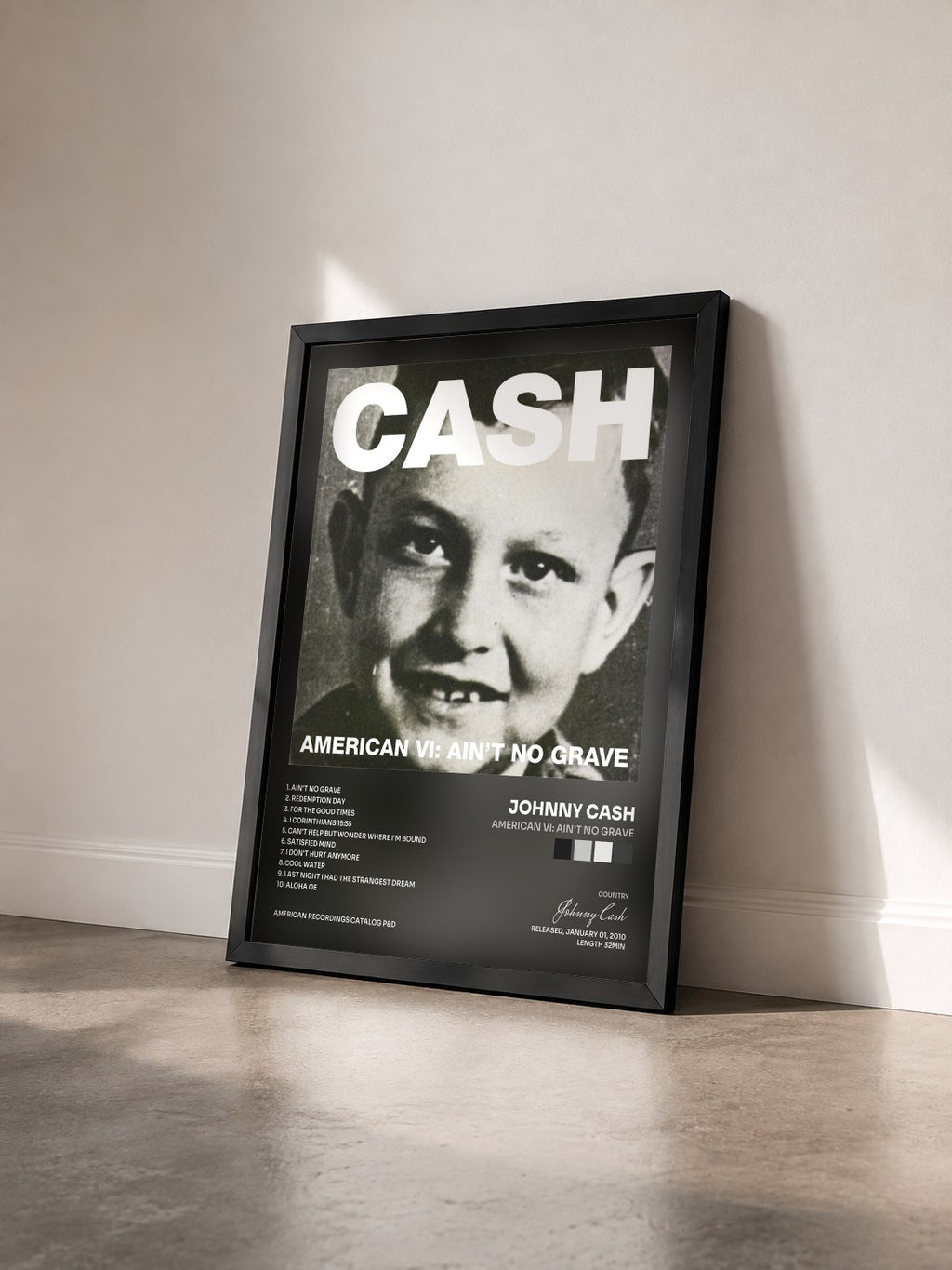 #noir Tableau de l'album American VI: Ain't No Grave de Johnny Cash vu de trois quarts, cadre noir