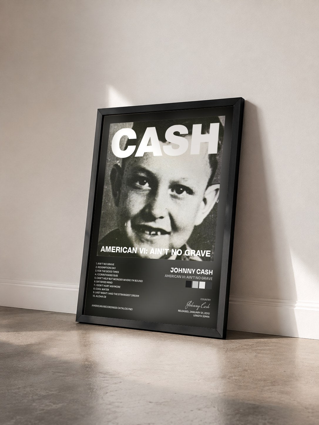 #noir Tableau de l'album American VI: Ain't No Grave de Johnny Cash vu de trois quarts, cadre noir